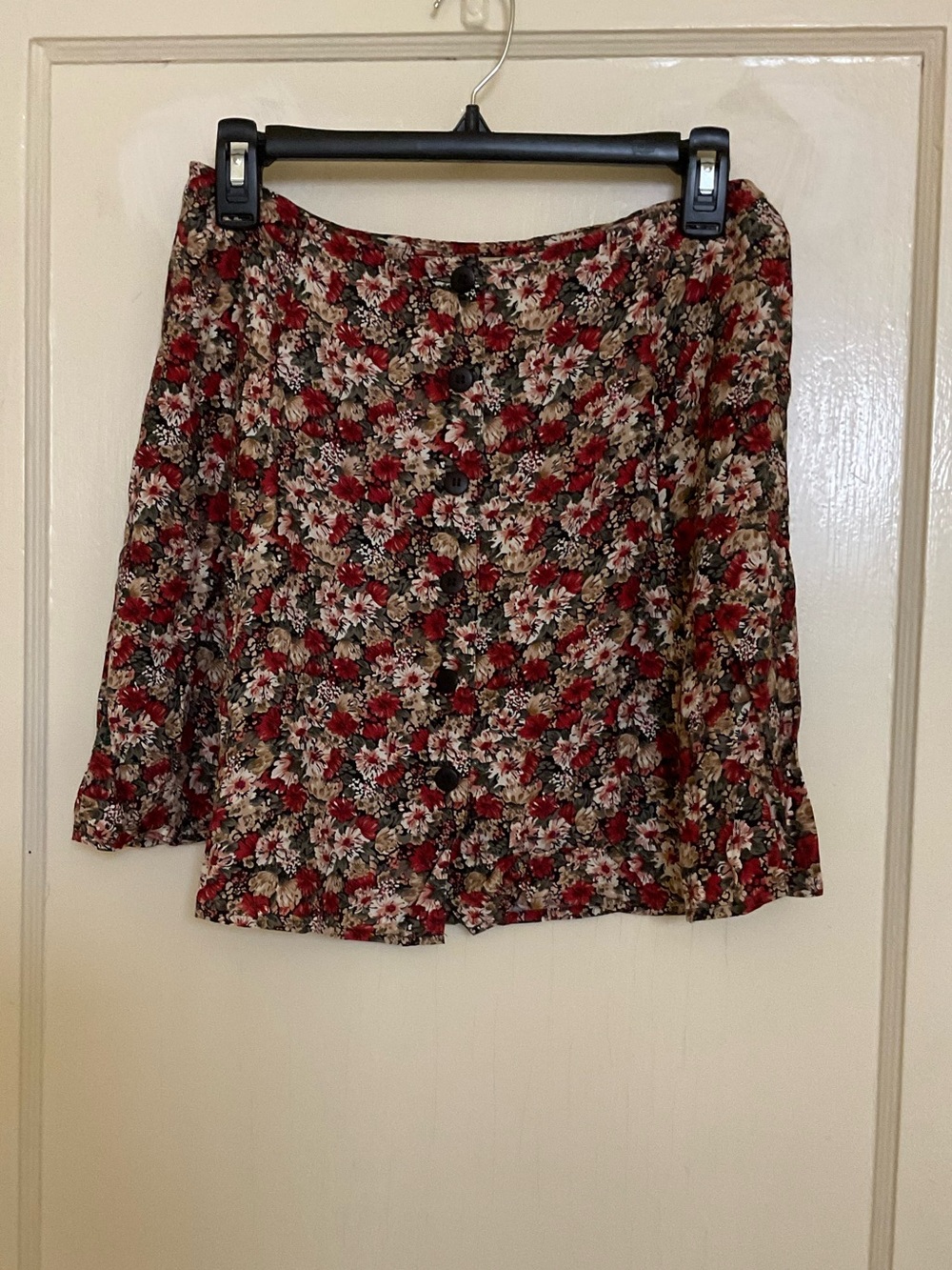 Vintage Floral Red & Cream Button-Front Skater Skirt